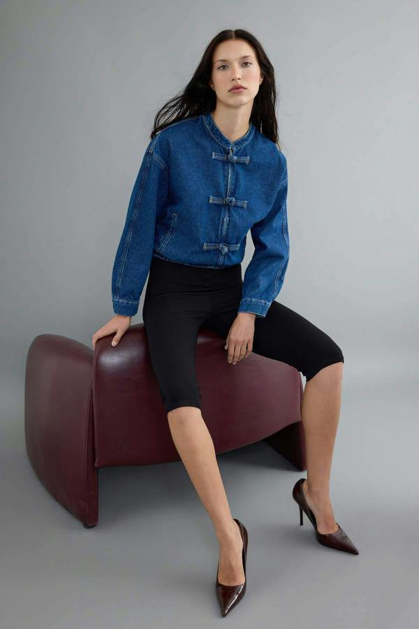 Button Detail Elasticated Waist Denim Jacket