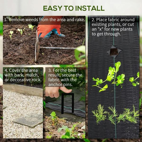 Black weed control membrane roll and installed fabric strips for weed control, teal stitched