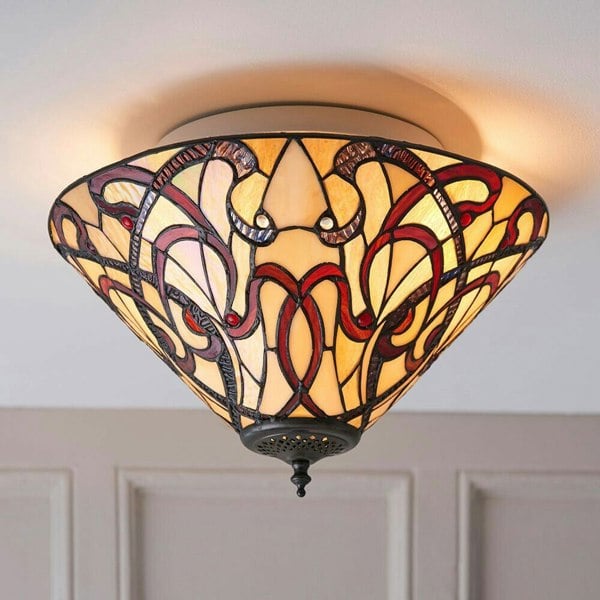 Tiffany Glass Flush Ceiling Light - Dimmable LED Lamp - 2 x 60W E27 GLS Required Loops