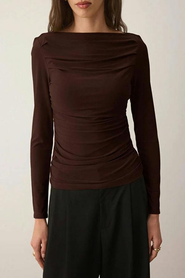 Hoxton Gal Boat Neck Draped Fitted Stretch Knit Blouse