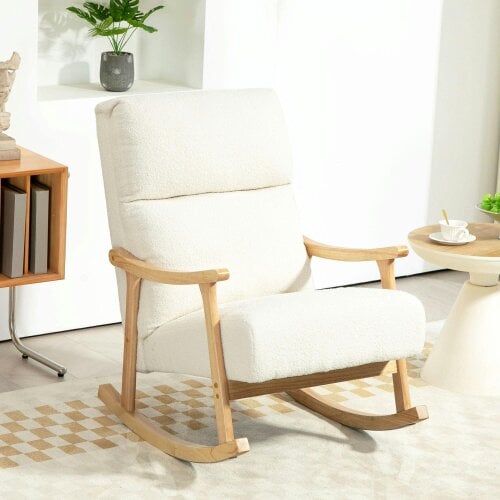 HOMCOM Upholstered Rocking Chair, Teddy Fleece, High Back, Armrests, Cream White
