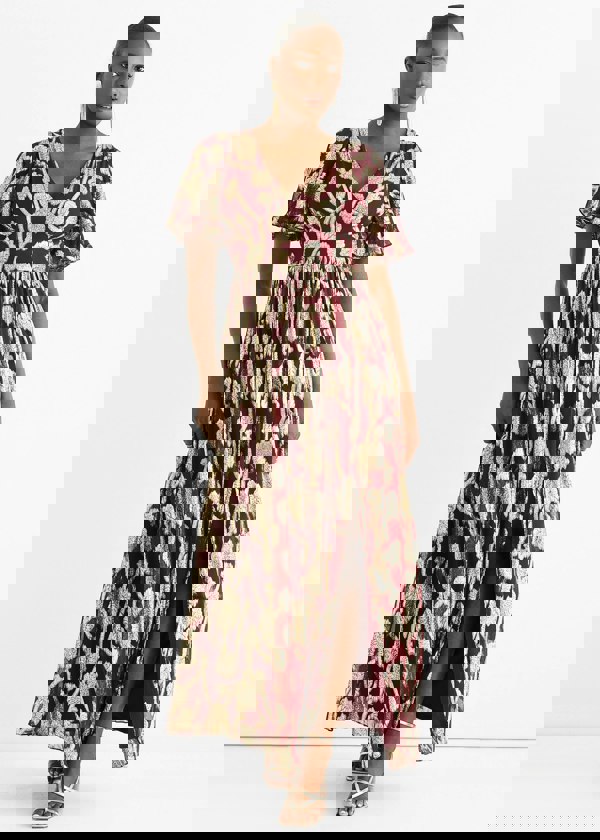 Gini London Burgundy Metallic Jacquard Flutter Sleeves Floral Maxi Dress