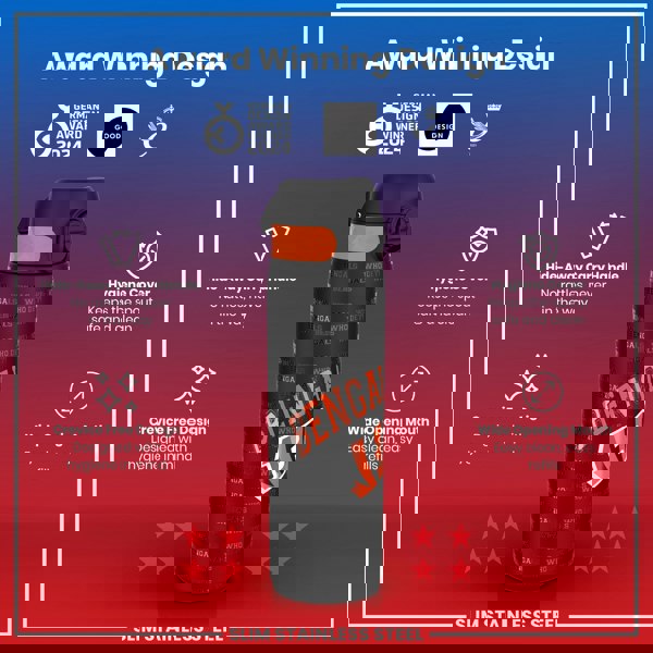 A slim stainless steel water bottle, displaying Bengals team logos, sits against a red background; it features a hide-away handle, crevice-free design, and hygiene cover. Award logos are shown at the top.