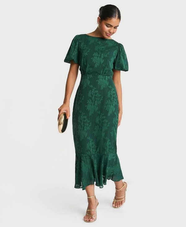 Needs No Label Forest Green Jacquard Puff Sleeve Midi Dress