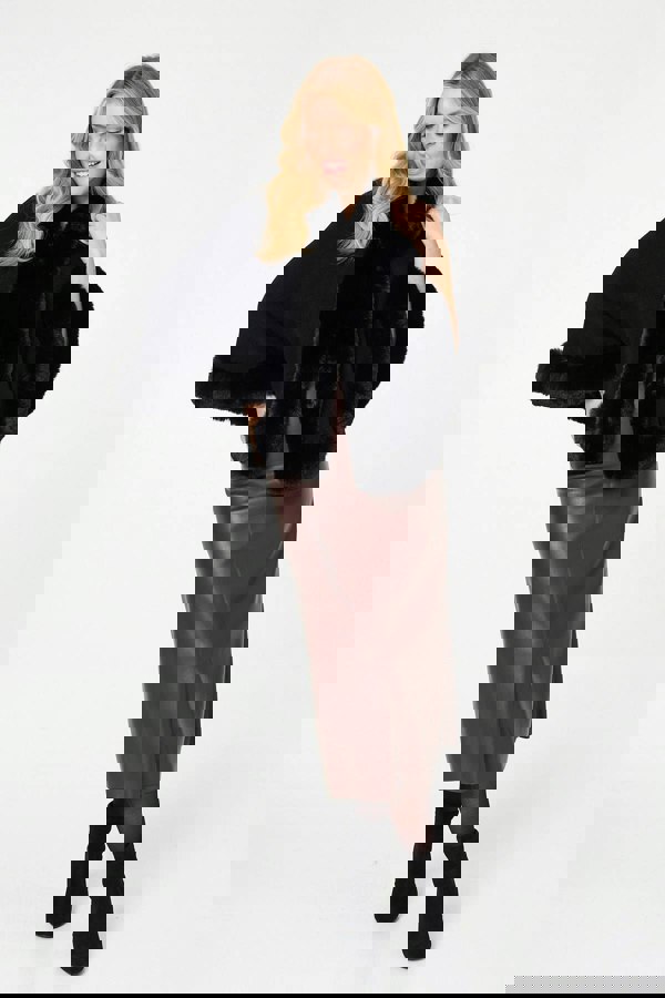 Black | Faux Fur Trim Batwing Poncho
