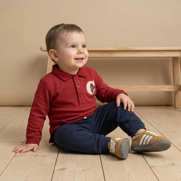 Mini Cuddles Baby Boys Cotton Embroidered Polo T-Shirt and Joggers Set Casual Wear, Burgundy and Navy Blue