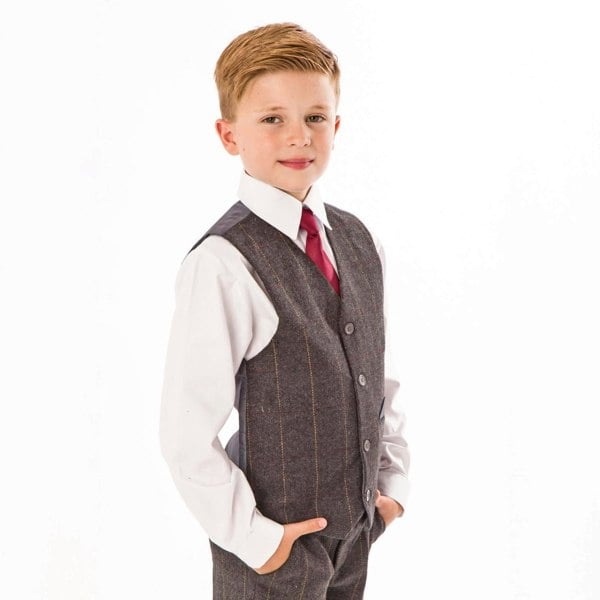 Boy wearing grey check waistcoat and burgundy tie