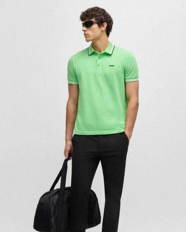 BOSS Green Paddy Mens Cotton-Piqué Polo Shirt with Contrast Logo - Medium Green 319 - CHO - Designer Mens Short Sleeve Polo Shirts