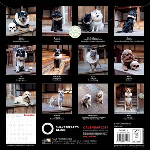 Shakespeare's Globe, Dogs in Ruffs Calendar 2027, Wall Calendars, Month To View, Dogs, Gift