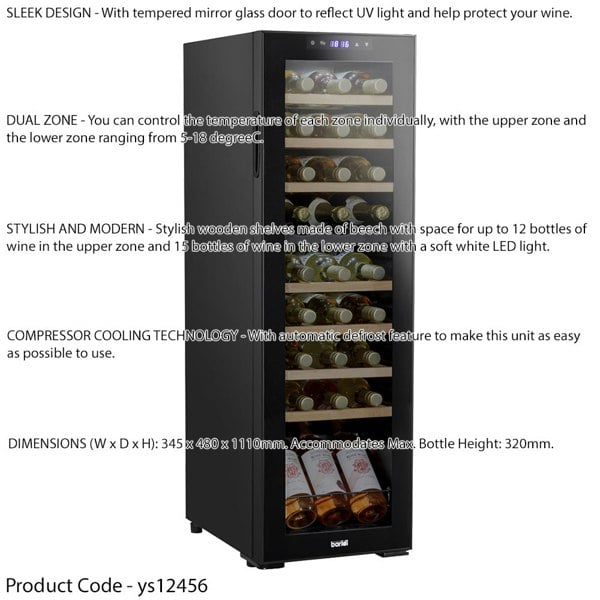 27 Bottle Dual Zone Freestanding Wine Cooler Fridge - LED Backlit BLACK & GLASS - LoopsDirect