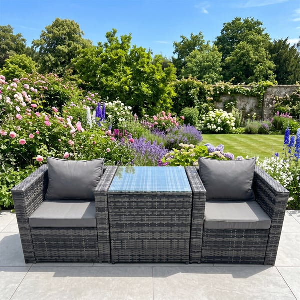 Fimous Rattan 2 Arm Chair Garden Patio Furniture Set With Coffee Table - 2 Seater - Grey