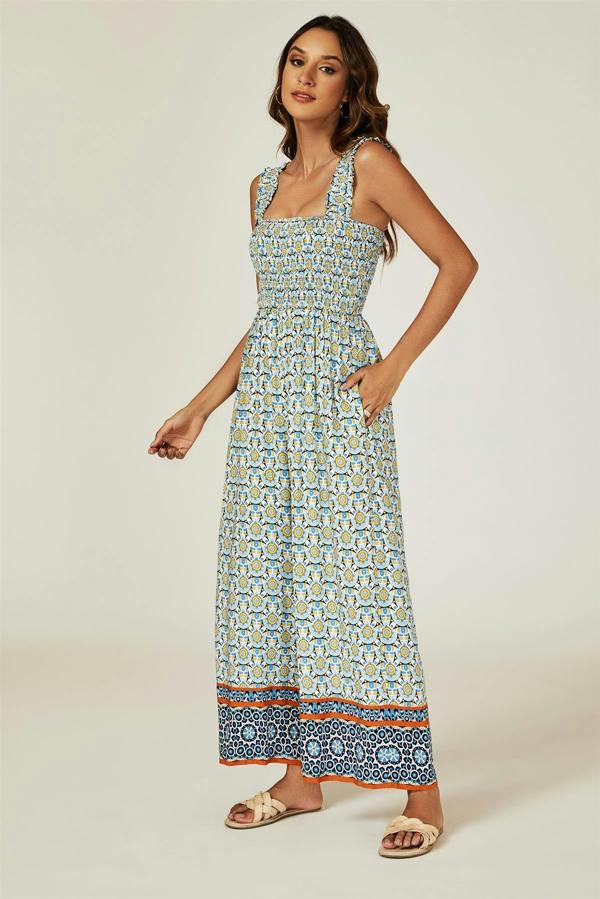FS Collection Geo Print Stretchy Smocked Wide Leg Jumpsuit In Blue
