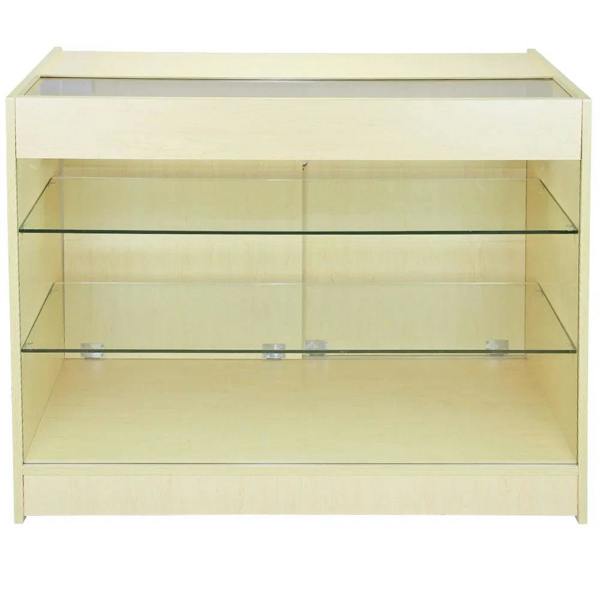 Maple glazed display counter K1200 with a sleek design, featuring two glass shelves and a smooth wooden finish, ideal for showcasing products