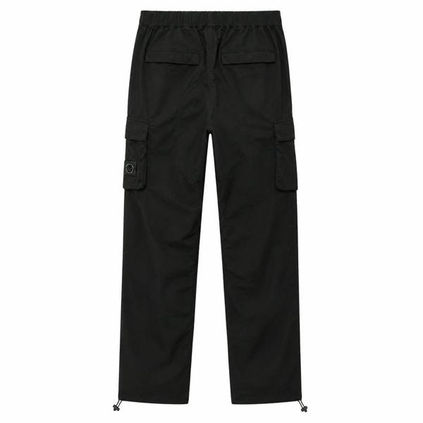 Marshall Artist black cargo pants with elastic waistband, side pockets, and adjustable drawstring cuffs.