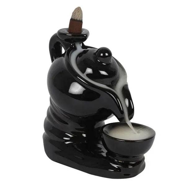 Glossy black teapot backflow incense burner with cone holder and tea light cup