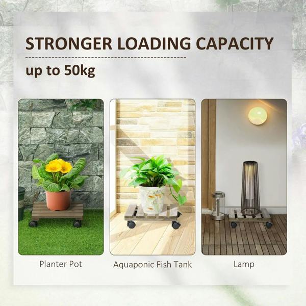 Dark brown wooden plant caddy on wheels with potted plants for extra stability