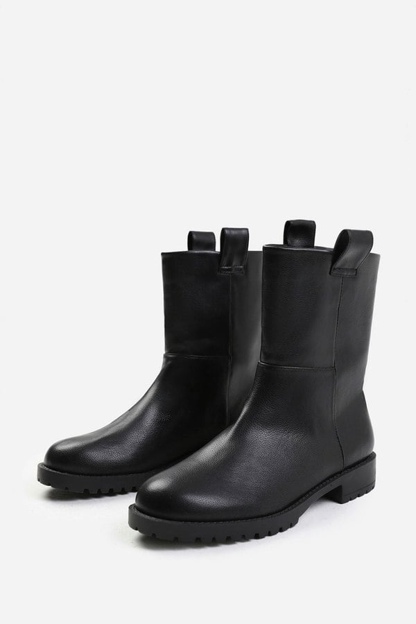 Where's That From Delta Mid Calf Boot With Stitching Detail in Black Grain Faux Leather