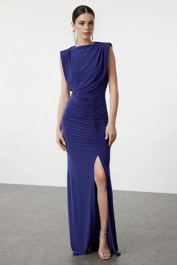 WOVCOR Draped Woven Maxi Elegant Evening Dress