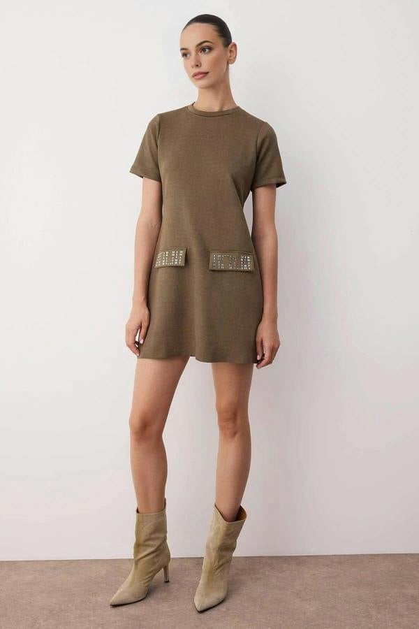 WOVCOR Crew Neck Mini Suede Knit Dress with Stone Detail