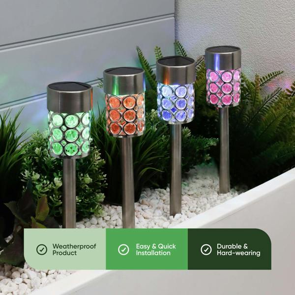 Gardenwize Pack of 4 Solar Crystal Stake Lights – Colour Changing LED Garden Lights