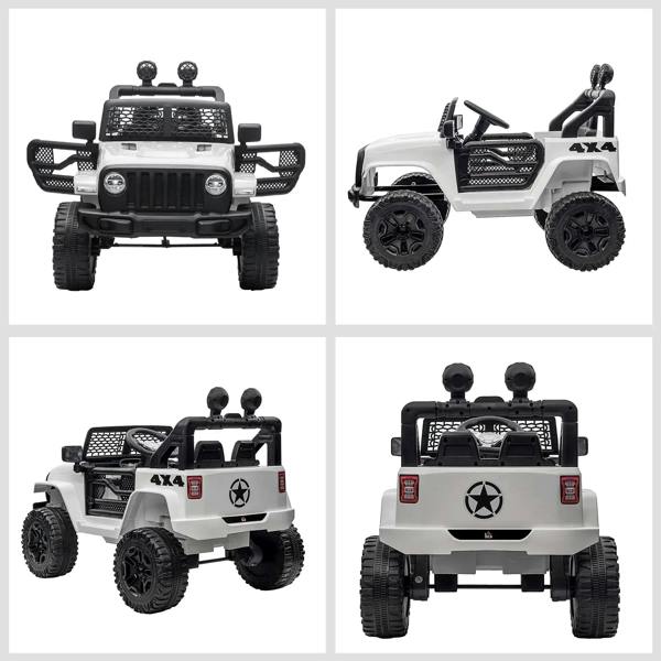 White kids ride-on SUV truck multi-view: black mesh grille, roll bar, and big tread tires