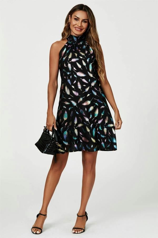 FS Collection Rainbow Leaf Foil Halter Neck Tie Back Mini Dress In Black