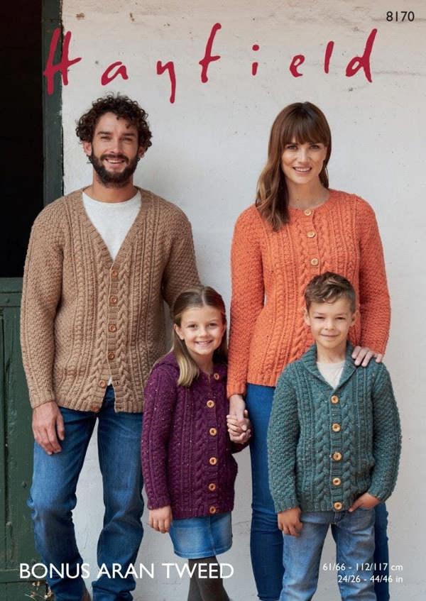 Hayfield Bonus Aran Tweed Knitting Pattern 8170, Cardigans, Hoodies for Kids, Men, Women, 24 - 46 Inches & 61 - 117 cm
