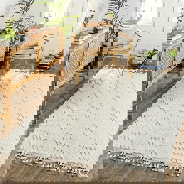 Livabliss Nora-Geometric Grey Ivory High Pile Fringe Rug