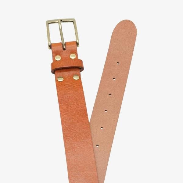Top angle view of Brandy leather belt with brass buckle on a white background