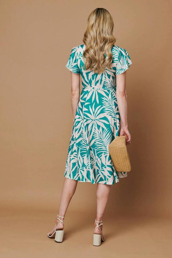 Green | Leaf Print Tie Angel Sleeve Midi Dress