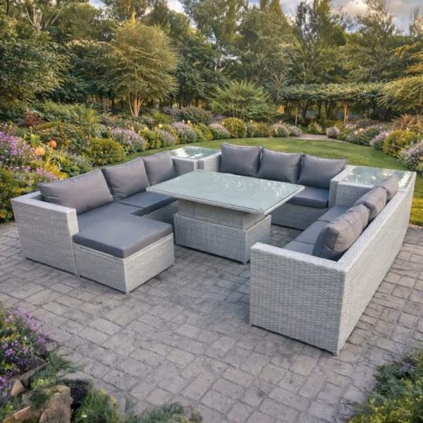 Fimous 10 Seater Rattan Garden Furniture Set with Rising Table, 3 Sofas, 2 Side Tables & Footstool - Light Grey