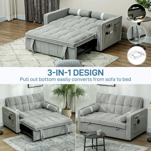 Wyld Haus Tapa Linen Effect Light Grey Upholstered 2 Seater Sofa Bed White Trim