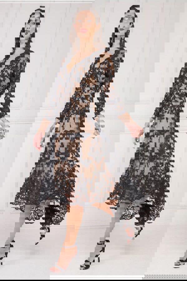 Scalloped Lace Dipped Hem Midi Dress - Black DR3347