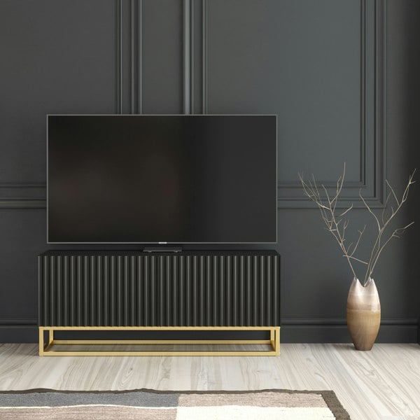Mex Furniture Modern Black TV Unit with Gold Base 100cm – Fluted Fronts & Push-Down Doors