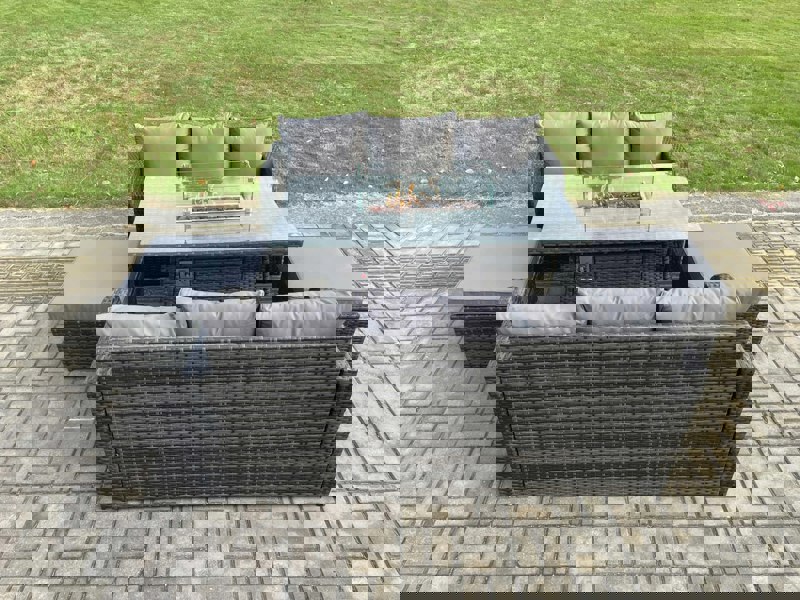 Fimous Garden Patio Furniture Wicker Rattan Gas Fire Pit Table and Sofa set with 2 Big Footstool
