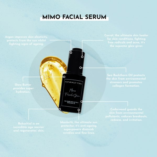 Naturally Tiwa Skincare MIMO Facial Serum sensitive skin, eczema, psoriasis, acne, hyperpigmentation, skin undergoing chemotherapy and radiotherapy and dry skin conditions.