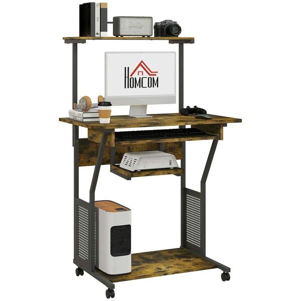 Multi-storage work desk with sliding keyboard tray, open shelves and side perforated panels
