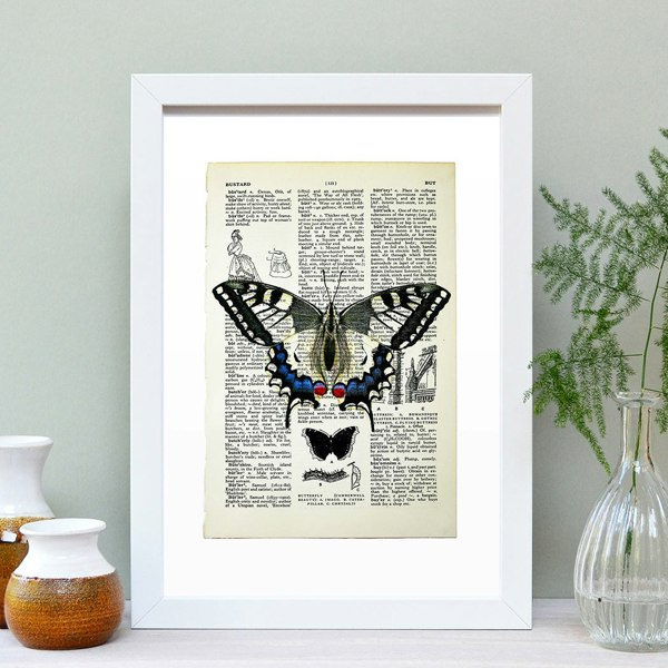 Hands & Hearts Swallowtail butterfly vintage book page art print