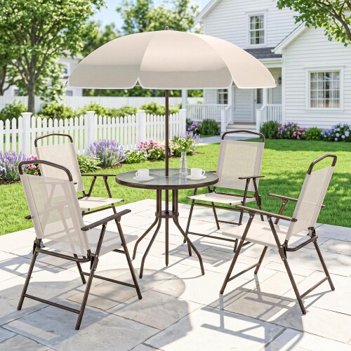 Outsunny 6PC Garden Dining Set Outdoor Furniture Folding Chairs Table Parasol - Grey