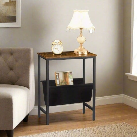 Modcraft Rustic Brown Narrow Side Table – Small Bedside End Table with Metal Frame for Bedroom or Living Room