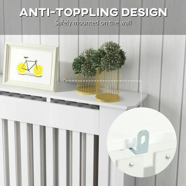 White radiator cover with anti-tipping wall mount and vertical slat grill