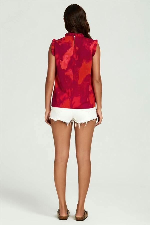FS Collection Abstract Print Frill Trim Sleeve Frill Neck Blouse Top In Red
