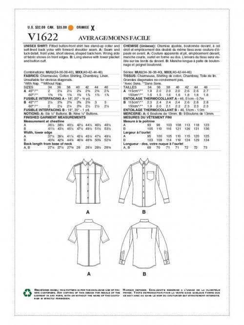 Vogue Sewing Pattern 1622, Shirts for Women, Men, MUU (34-36-38-40) - Intermediate