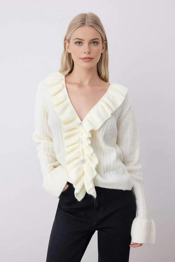 WOVCOR V-Neck Soft Texture Knit Cardigan with Button and Ruffle Detailed