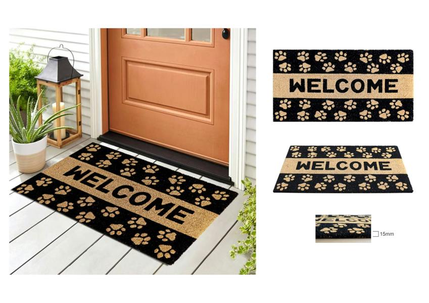 A.Unique Home 15mm Coir Doormat Non-Slip PVC Back - Paw Welcome 40x80cm