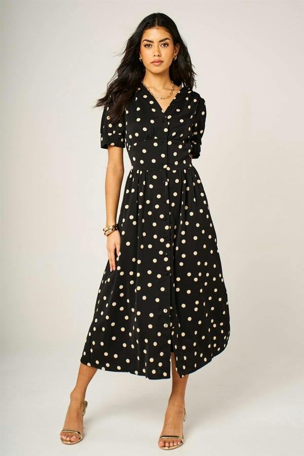 FS Collection Dot Print Button Front Midi Dress In Black With Puff Sleeves