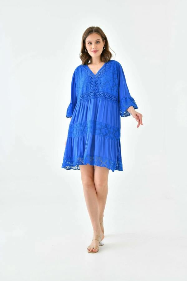 Hoxton Gal Oversized 3/4 Sleeves Lace Detailed V Neck Mini Dress in Royal Blue
