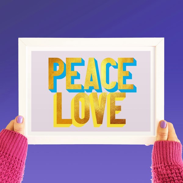 Hands & Hearts Peace and Love golden words art print