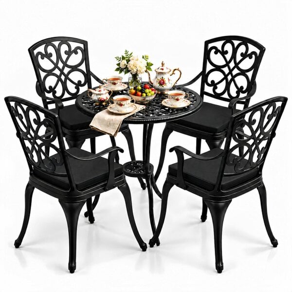 Homeology VIVALDI Black 5-Piece Cast Aluminium Garden Bistro Set - with Black Cushions