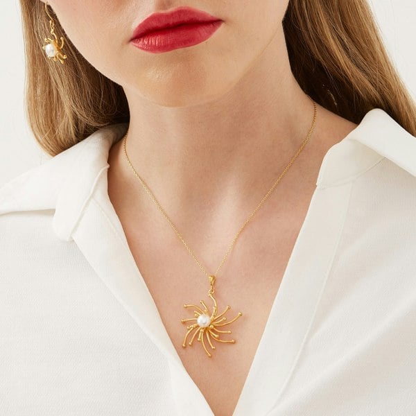 Spero London Pearl Sun Molten Dripping Sunburst Sterling Silver Pendant Necklace